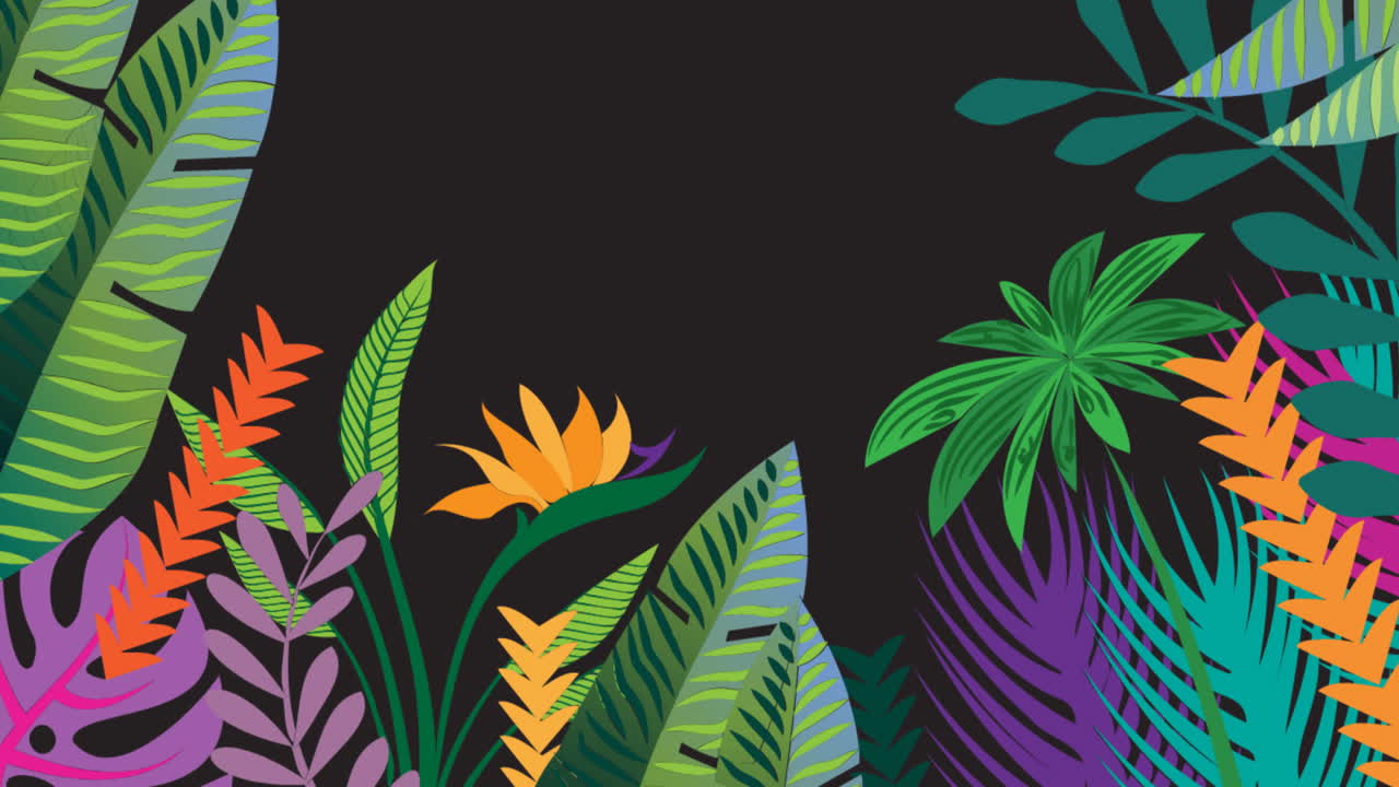 animación de hojas de plantas tropicales sobre un fondo negro