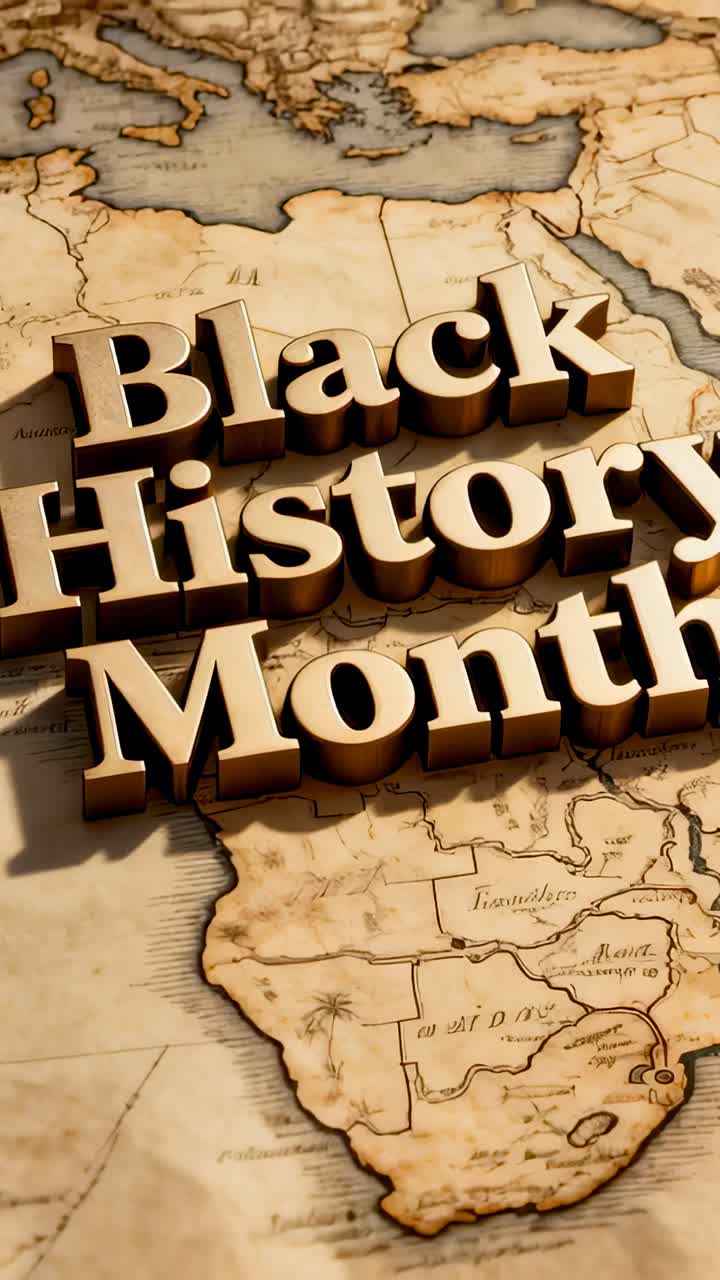 Vertikal video: Stigende kameravinkel som avslører 3D Black History Month på et opplyst vintagekart for tittelen
