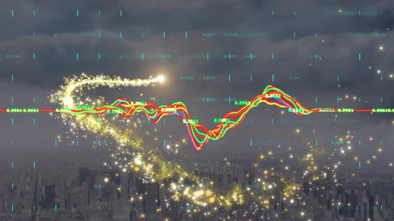 ⁇ 는 별과 도시 풍경 위에서 금융 데이터 처리의 애니메이션