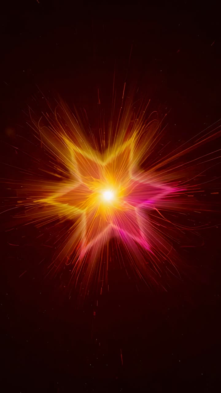 Vertical video: Appearing core, starburst expanding, emitting rays and sparks over dark maroon void