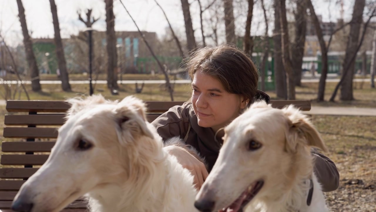 Una donna siede su una panchina di legno in un parco all'aperto accarezzando dolcemente due cani bianchi. La scena presenta alberi ed edifici visibili oltre un'area erbosa sotto la luce del giorno. Gli scatti enfatizzano i dettagli.
