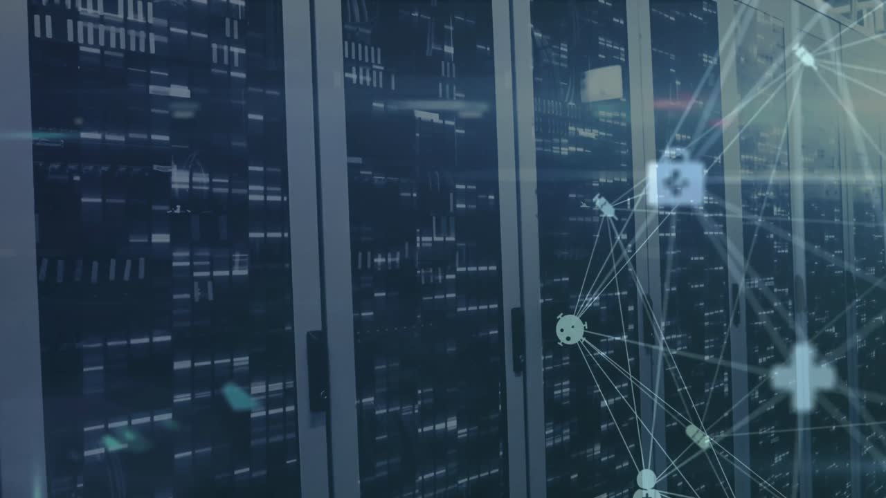 Animation of spinning globe of medical icons and mosaic squares against computer server room