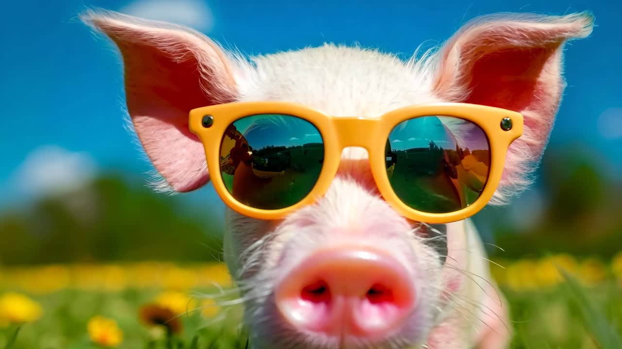 A small pig wearing sunglasses in a field of yellow flowers