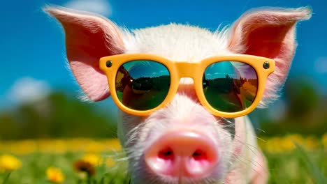 a small pig wearing sunglasses in a field of yellow flowers