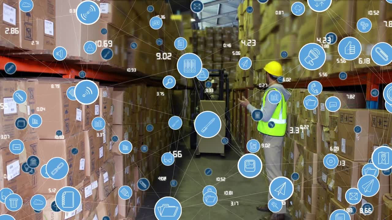 animación de la red de conexiones sobre un trabajador de almacén caucásico
