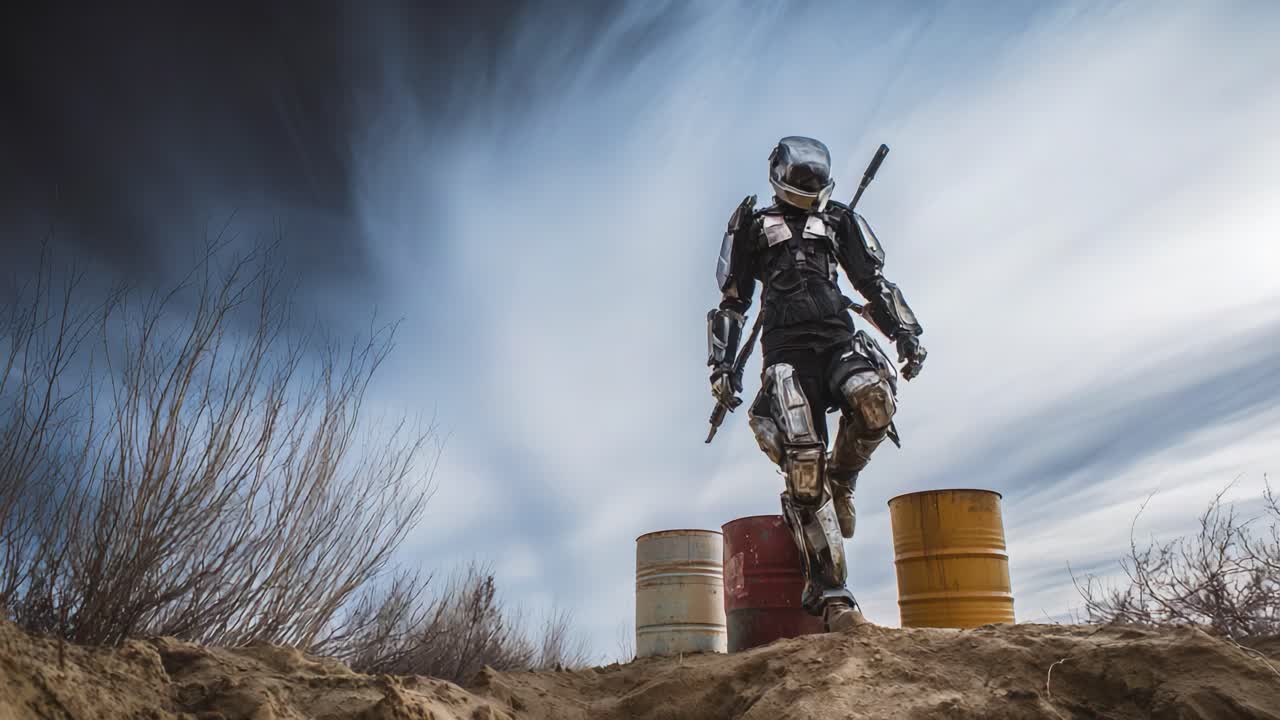 An Imposing Robotic Figure Navigating a Barren Landscape, Armed and Prepared, Pauses Before Weathered Drums Against a Dramatic Sky Filled with Turbulent Clouds