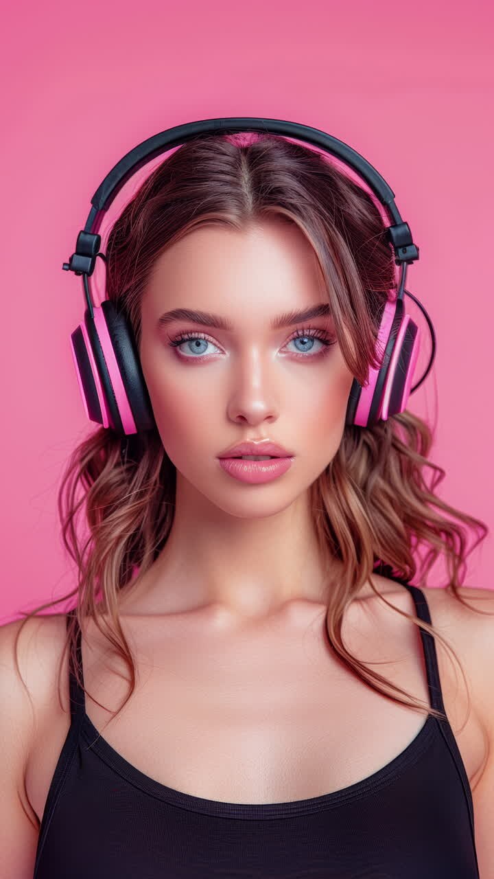 Sequenza di donne con altoparlanti audio e cuffie, realizzata con IA.