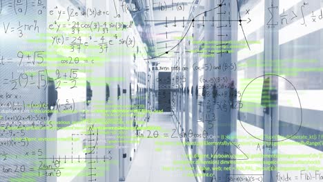 Animation-of-data-processing-and-mathematical-equations-against-empty-computer-server-room