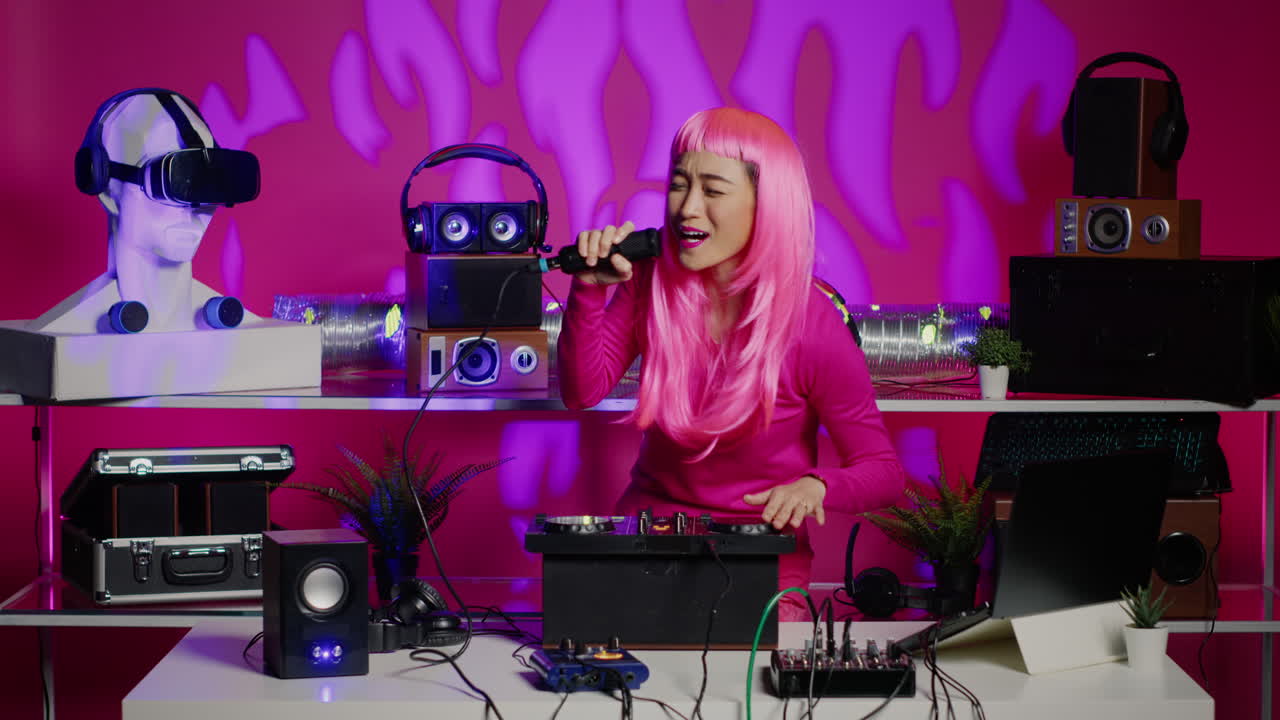 Woman DJing with Turntable and Headphones in Neon Studio