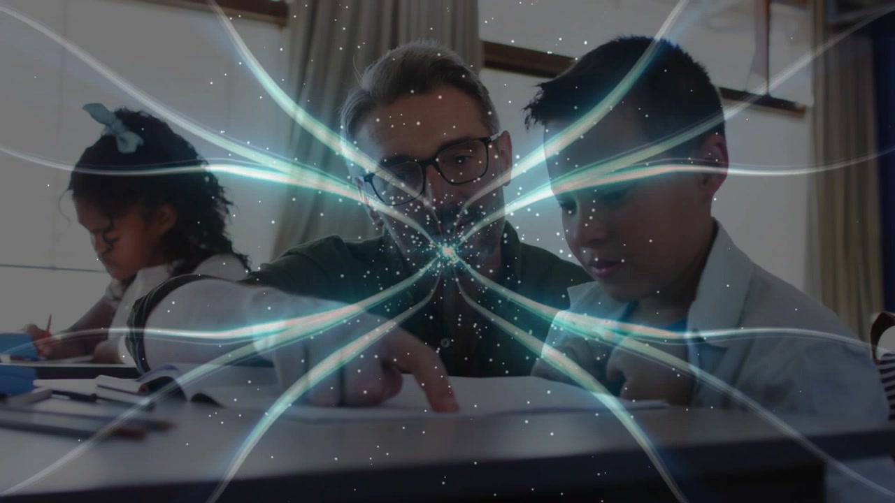 Man pointing to workbook guiding boy writing as girl writing with blue beams boosting education