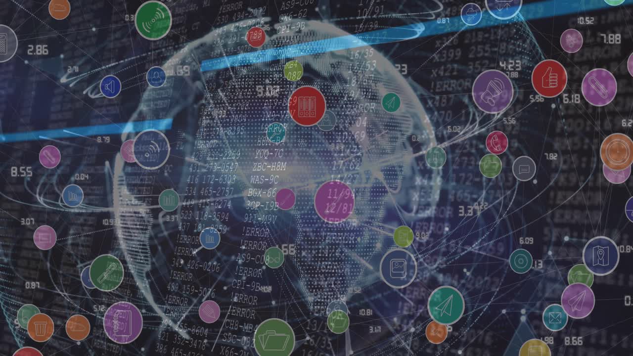 전 세계에 대한 아이콘과 데이터 처리로 연결 네트워크의 애니메이션