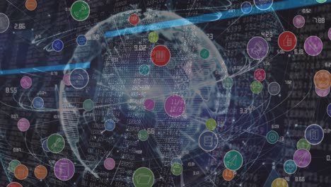 Animation of network of connections with icons over globe and data processing