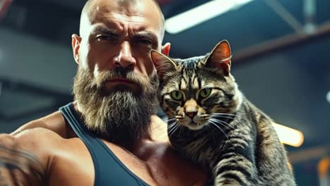 a man holding a cat in a gym