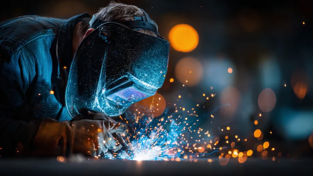 A Skilled Welder in Action: Capturing the Craft of Welding with Sparks Flying and Bright Lights Creating a Stunning Visual Contrast