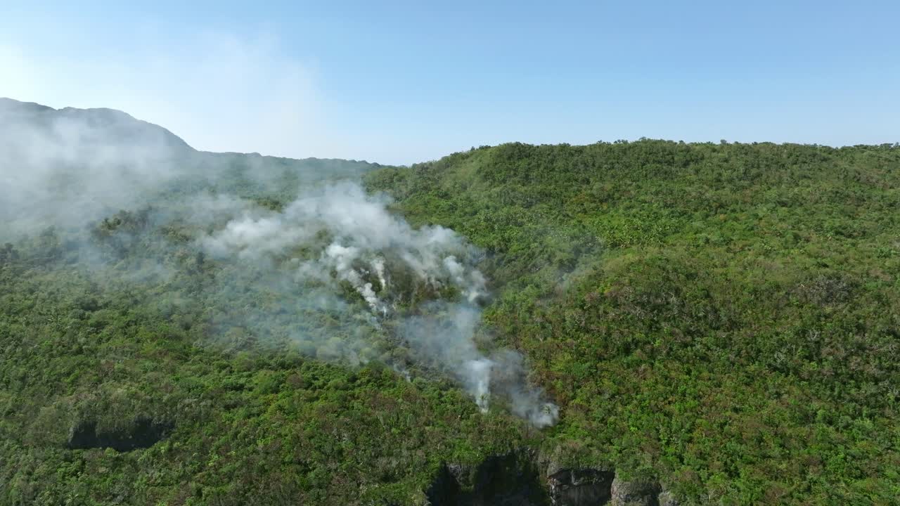 도미니카 공화국의 사마나에 있는 카보 카브론 국립공원의 절벽을 따라 울창한 숲에서 불 연기가 아져 나옵니다.
