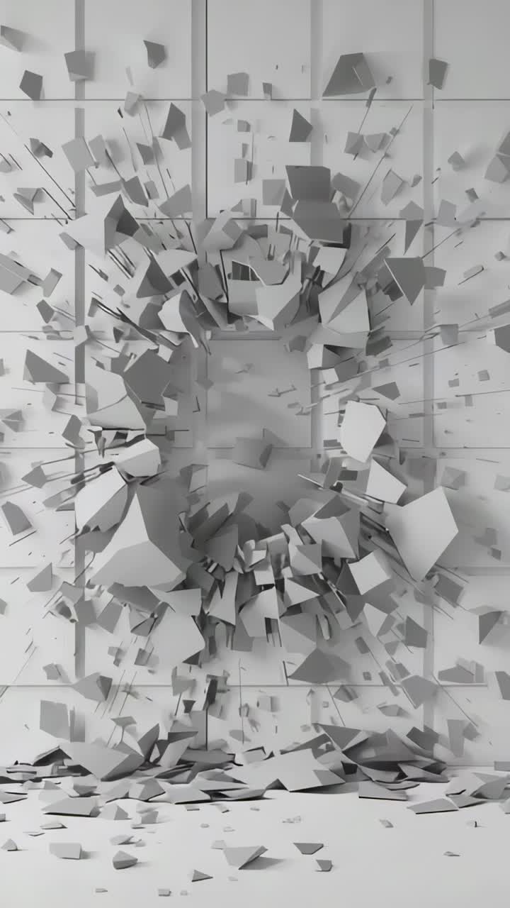 Vertical video: Shattering central panel wall ejecting panel fragments onto floor, rubble forming