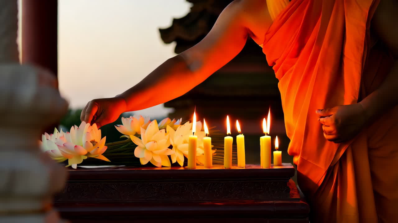 Monk Arranging Lotus Flowers and Lighting Candles at a Temple