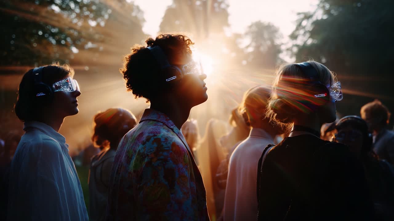 A Captivating Evening Gathering: Silhouetted Figures Enjoying a Serene Sunset Enhanced by Headphones, Bathed in Radiant Light Amidst Nature's Backdrop