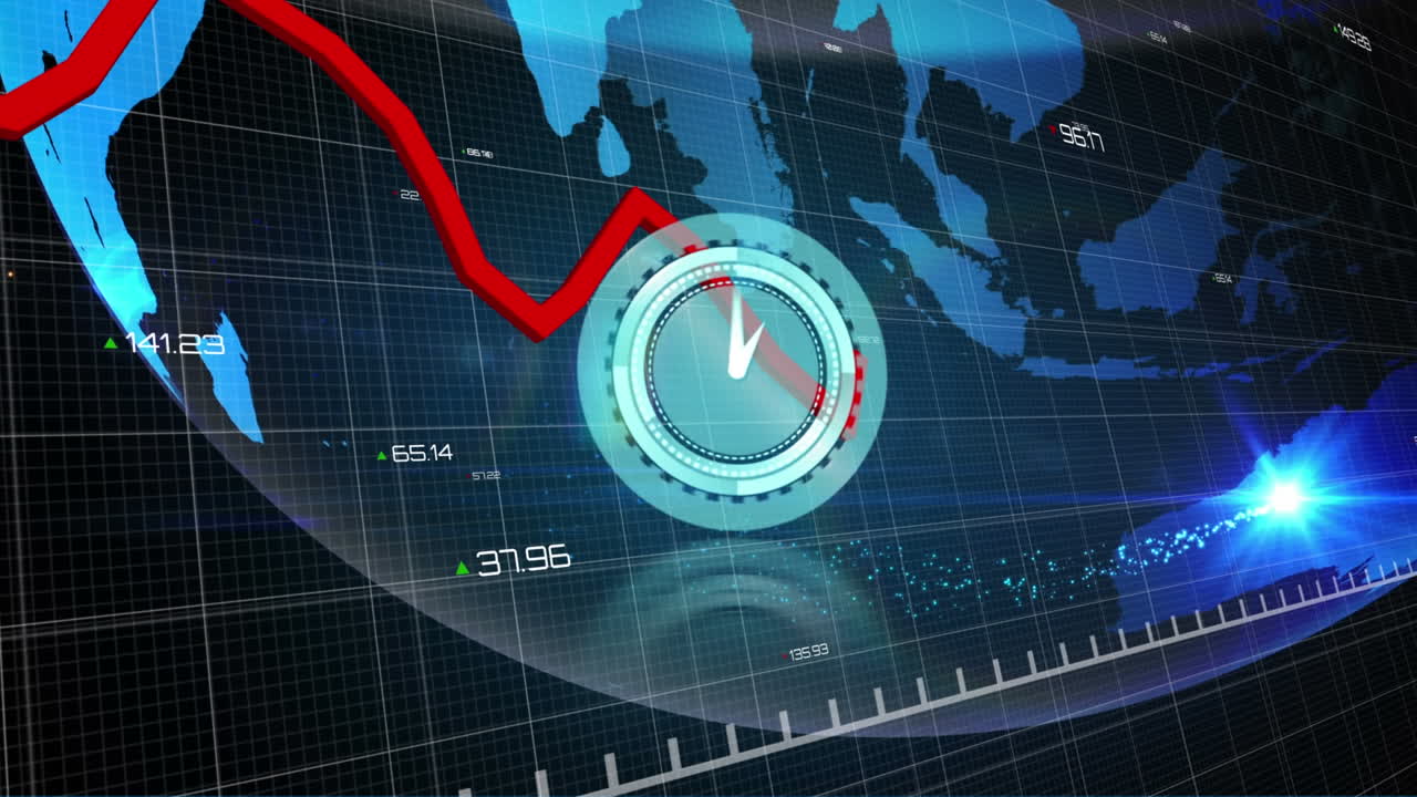 Animazione di elaborazione statistiche e linee rosse su orologio e globo