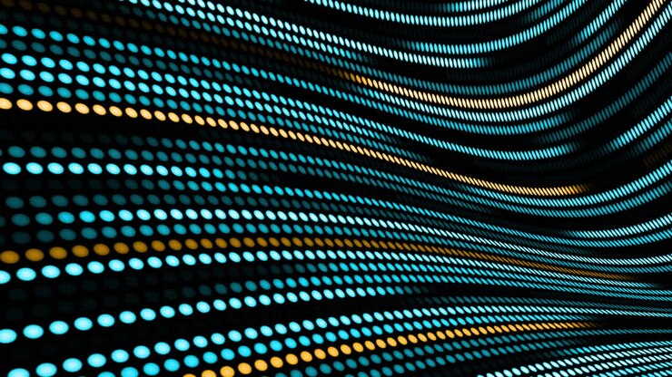 Animation of blue and yellow dotted light trails moving in hypnotic motion on seamless loop