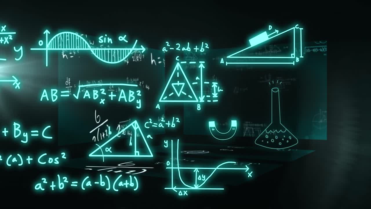 animación de fórmulas matemáticas y procesamiento de datos científicos sobre un fondo negro