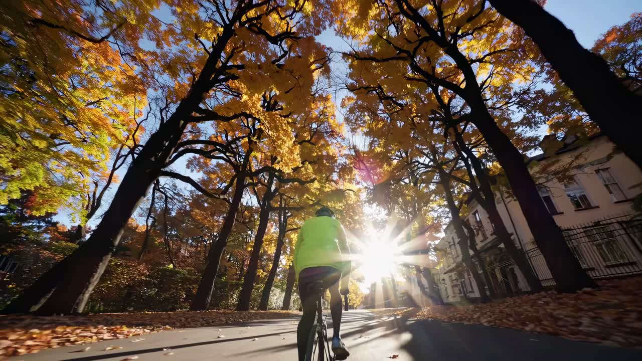Low-angle video shot of a cyclist in a park during autumn, with sun rays filtering through colorful