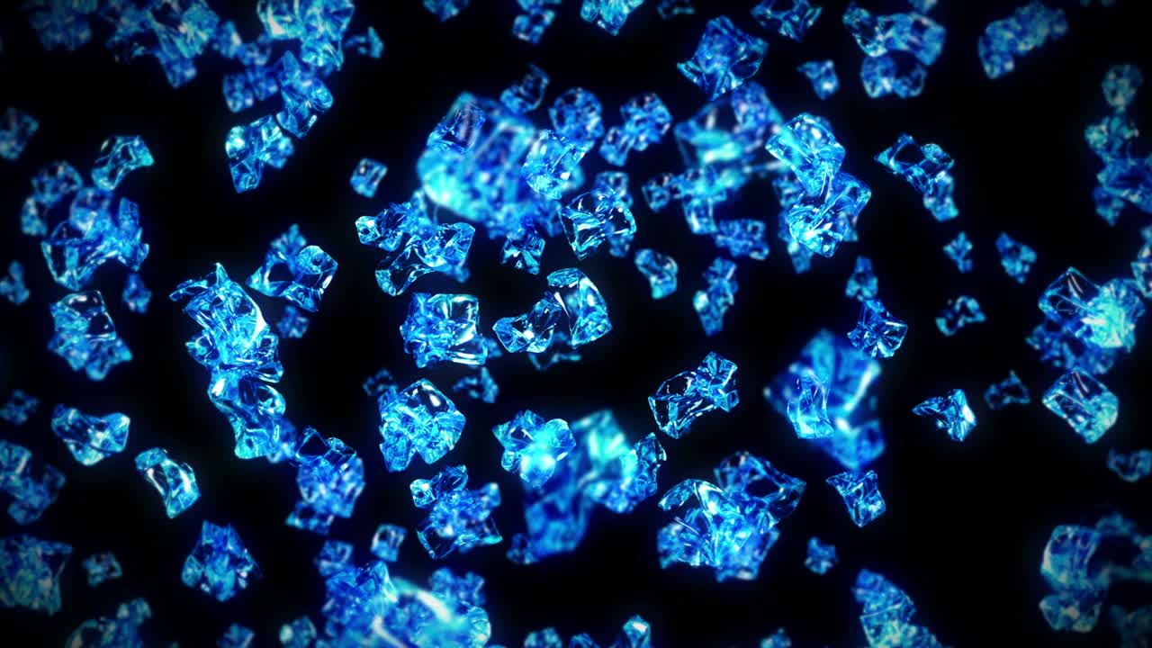 검은색 바탕에 많은 깨한 얼음 큐브를 날아. 부서진 얼음 조각, 자연 물. 부러진 얼음의 3d 애니메이션 회전. 루프 애니메이션.