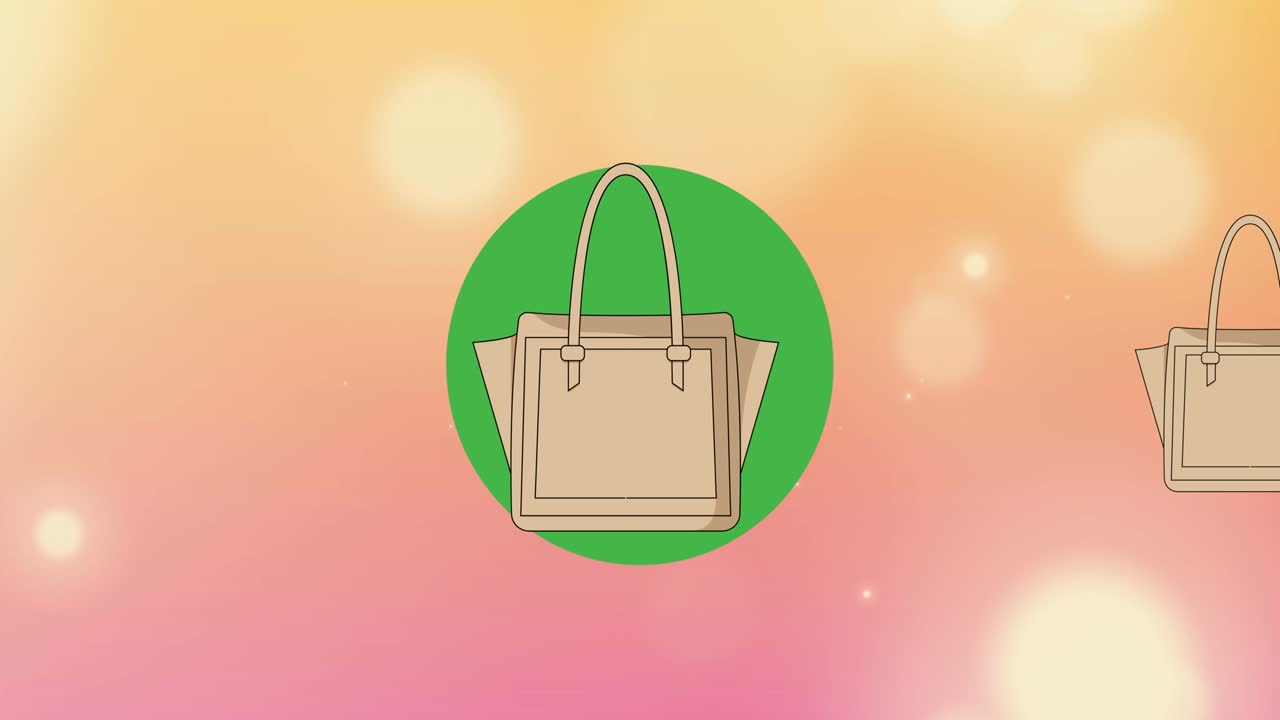 보케 분홍색 배경에 초록색 원 위에 베이지색 토트  ⁇ 드백의 애니메이션