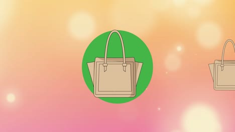 animación de bolsos de mano de color beige sobre un círculo verde sobre un fondo rosa bokeh
