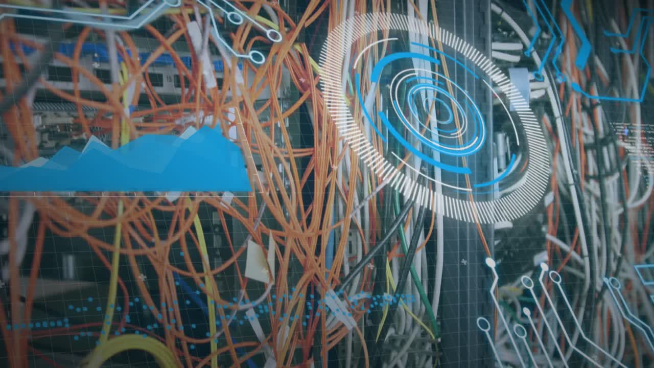 animación del procesamiento de datos a través de cables de servidor de computadora