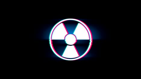 símbolo de precaución nuclear de radiación en la animación vintage retro de glitch.