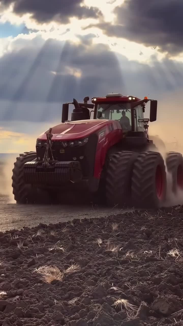Video con angolazione dal basso di un trattore che ara un campo sotto un cielo spettacolare, catturando la vita rurale