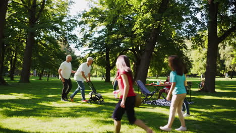 family picnic in the park and friends enjoying a meal