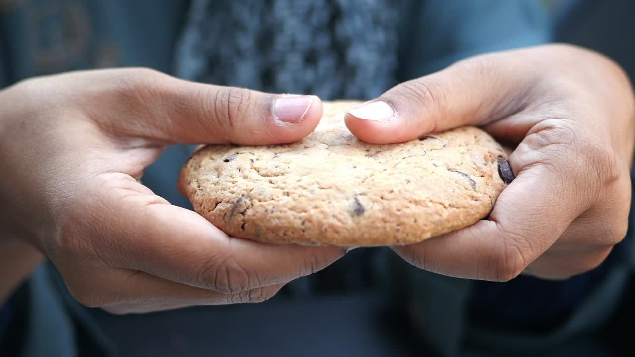 Person holding a chocolate chip cookie