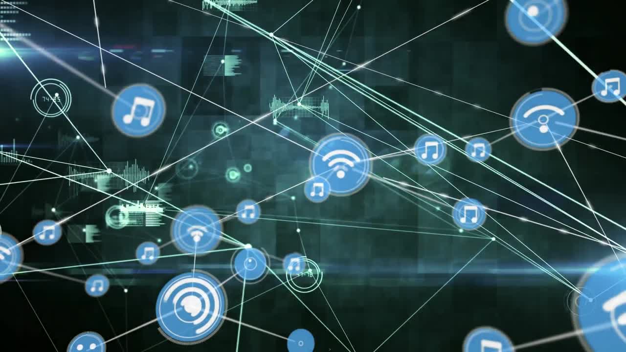 animación de redes de conexiones con iconos sobre fondo negro