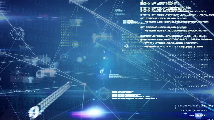 Animation of network of connections with icons over data processing
