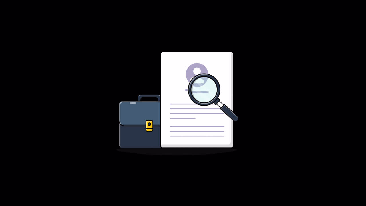 Lente d'ingrandimento animata che esamina un documento di curriculum vitae.