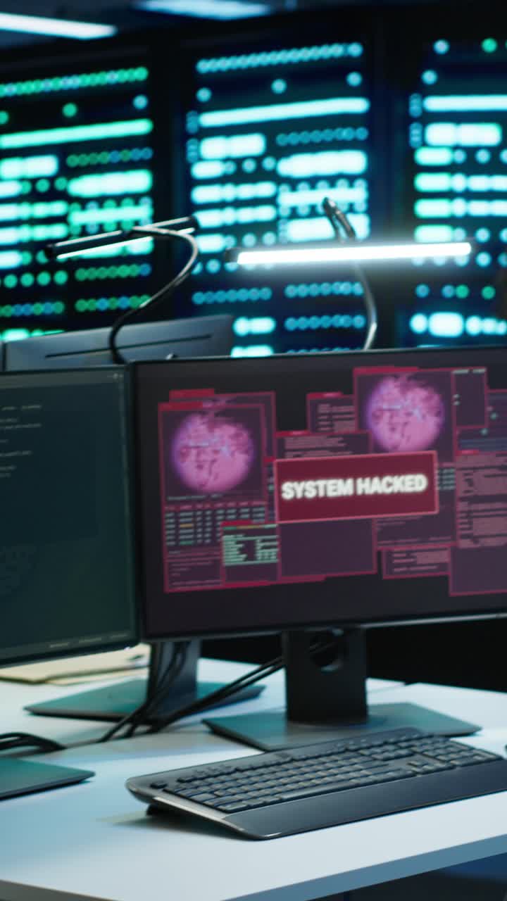 Cybersecurity Experts React to System Hacked Alert in Server Room