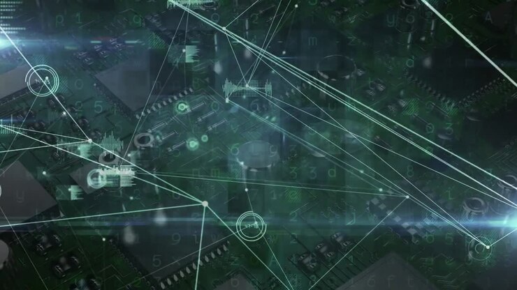 Animation of network of connections with data processing over computer circuit board