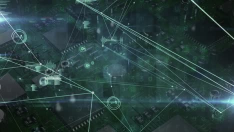 Animation-of-network-of-connections-with-data-processing-over-computer-circuit-board