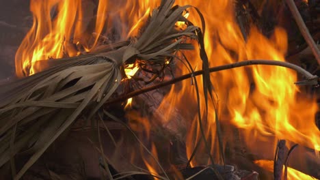 Fierce-flames-of-fire-burning-up-branches-and-garden-wast-in-a-bonfire,-close-up