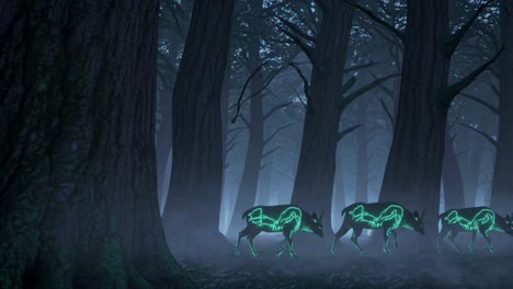 ciervos brillantes en un bosque de niebla por la noche