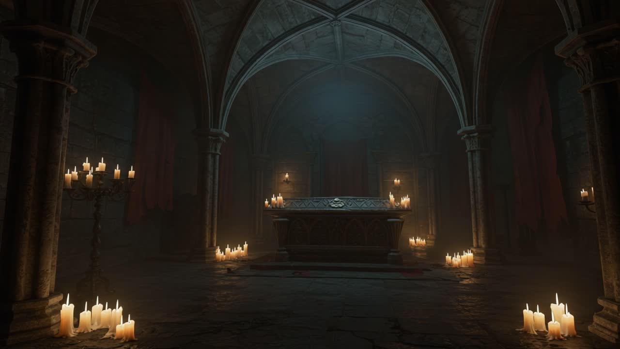 A Hauntingly Atmospheric Scene in an Ancient Crypt with Flickering Candles Illuminating the Stone Walls and a Mysterious Sarcophagus at Its Center