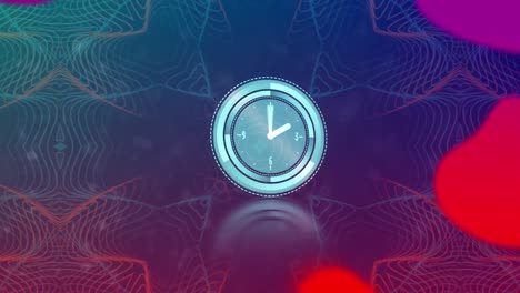 Animation-of-clock-ticking-over-neon-pattern-on-dark-background