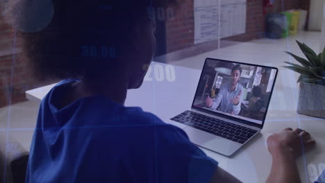 person watching online presentation on laptop with financial data animation overlay
