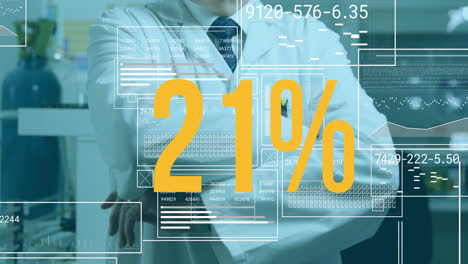 animation of data processing and percent over caucasian male scientist in lab