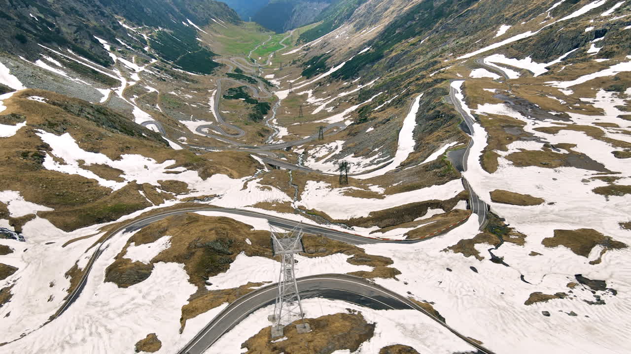 Aerial drone view of nature in Romania. Transfagarasan route in Carpathian mountains, group of tourists taking photos near the view point
