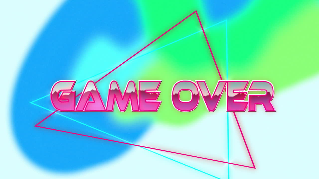 GAME OVER text floating over pastel gradient blobs and neon triangle outlines in flat design