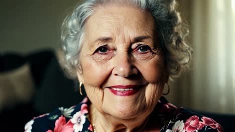 close up of a senior woman's face as she smiles and poses. she has wrinkles and gray hair, and her expressions convey a sense of joy and contentment