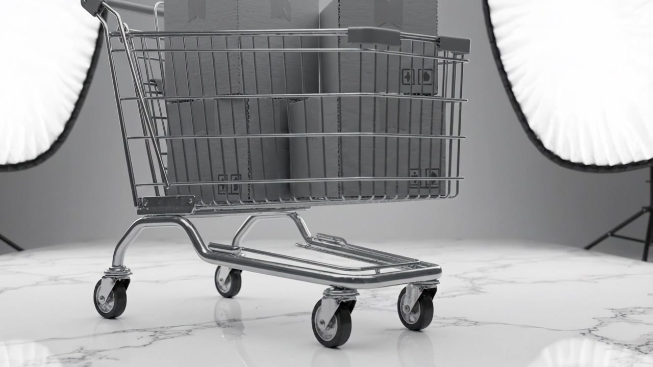 Modern kundvagn som visar paket i en minimalistisk miljö med stark studiobelysning och en ren yta för en attraktiv detaljhandelspresentation.